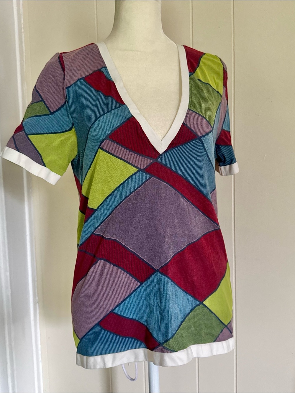 Vintage Wolford Multicolor Colorblock Deep V-Neck Short Sleeve Top Size L